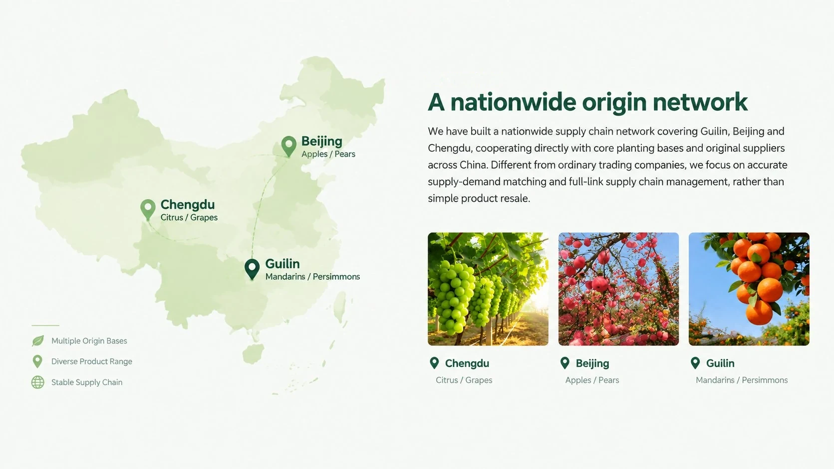 China origin network connecting Guilin, Beijing and Chengdu with multiple production regions and fruit categories